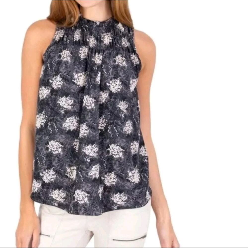 Joie Ruffle Sleeveless Baltic Print Floral Print Gray Blouse